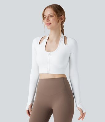 Halara UltraSculpt™ Push-Up Molded Cups Halter Long Sleeve Thumb Holes Zipper Cropped Workout Sports Top