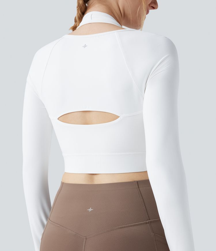 Halara UltraSculpt™ Push-Up Molded Cups Halter Long Sleeve Thumb Holes Zipper Cropped Workout Sports Top