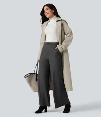 High Waisted Wide Leg Herringbone Suit Work Pants with Pockets