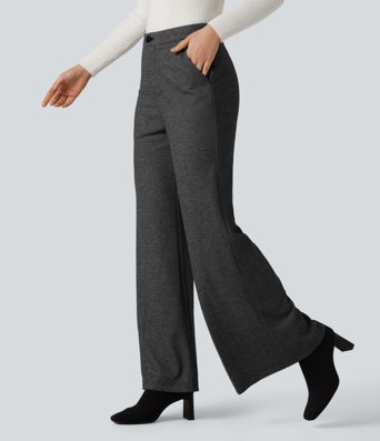 High Waisted Wide Leg Herringbone Suit Work Pants with Pockets