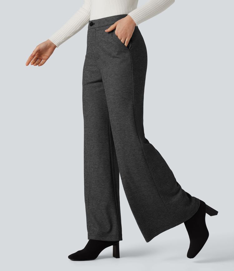 High Waisted Wide Leg Herringbone Suit Work Pants with Pockets
