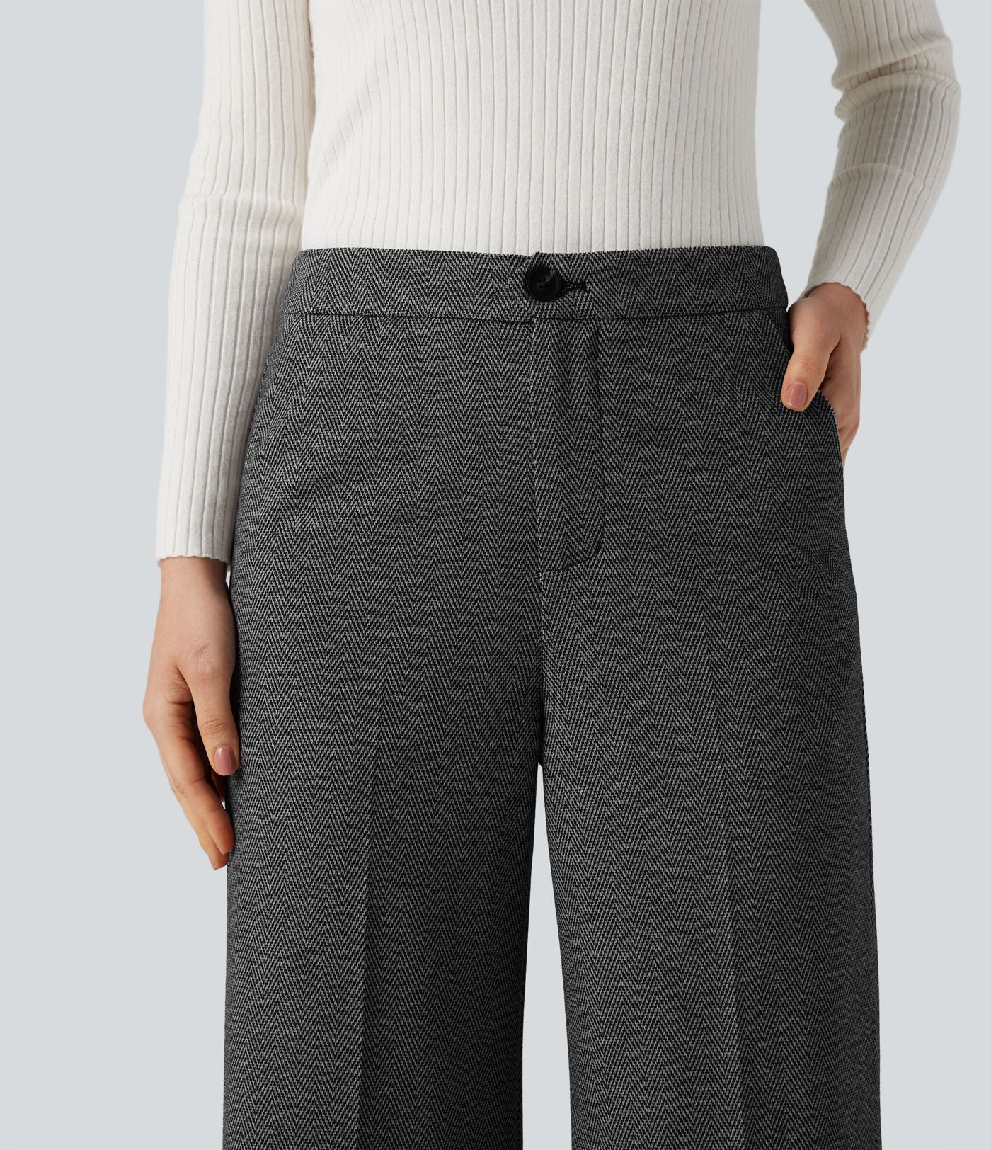 High Waisted Wide Leg Herringbone Suit Work Pants with Pockets