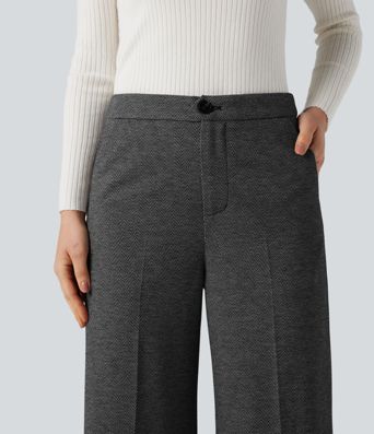 High Waisted Wide Leg Herringbone Suit Work Pants with Pockets