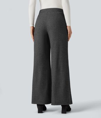 High Waisted Wide Leg Herringbone Suit Work Pants with Pockets