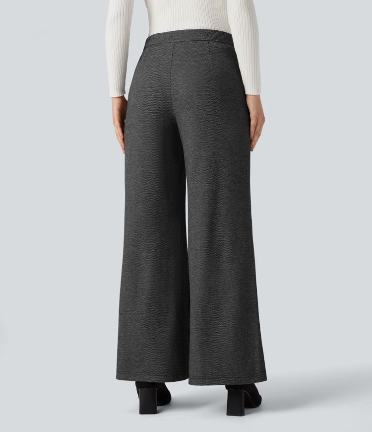 High Waisted Wide Leg Herringbone Suit Work Pants with Pockets