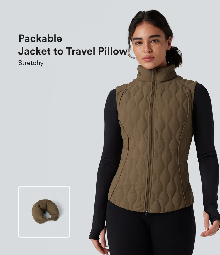PuffFlex Packable High Neck Zipper Running Quilted Vest with Pockets