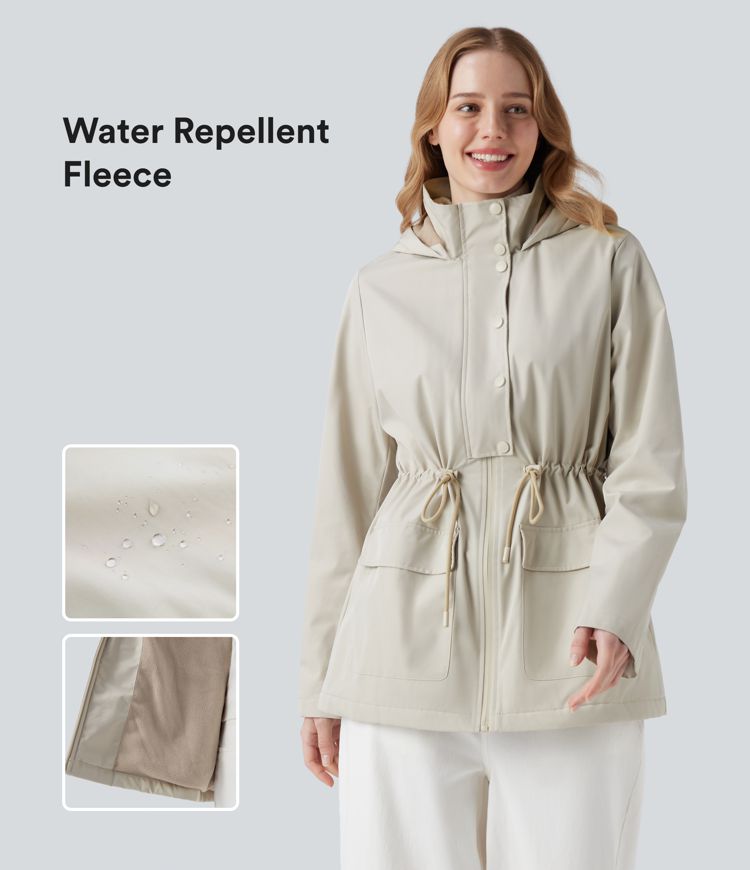 Water Repellent Hooded Drawstring Fleece Casual Parka Sherpa Jacket with Pockets