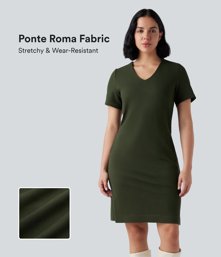 Wear-Resistant V-neck Zipper Short Sleeve Split Hem Ponte Roma Work Dress with Pockets