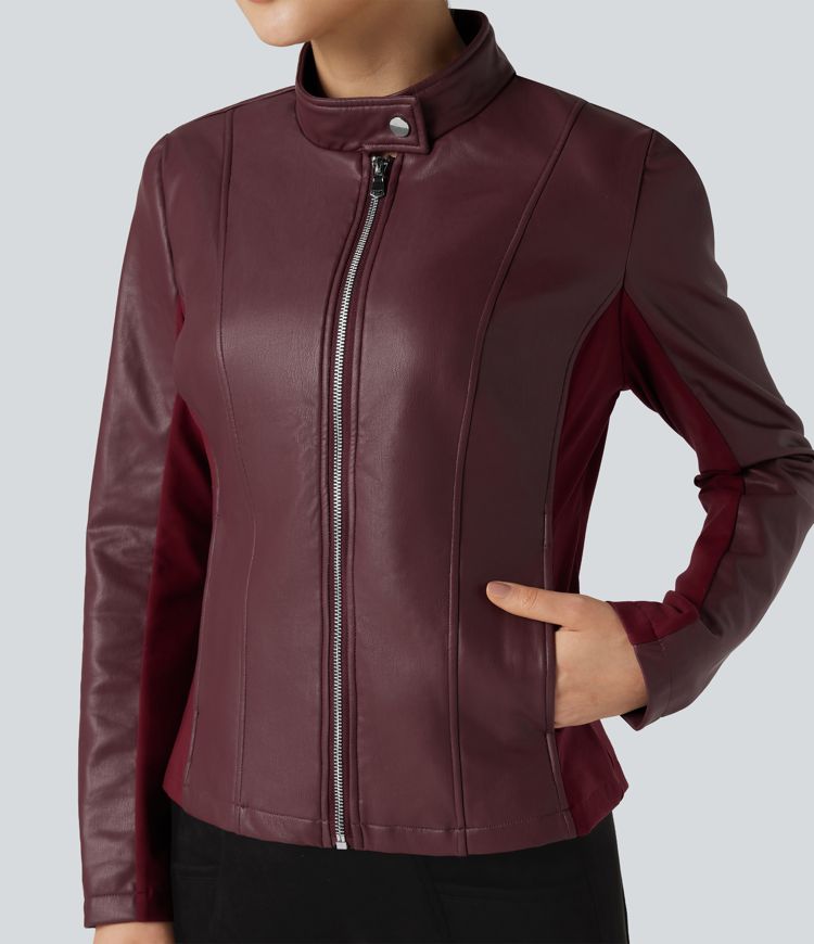 Stand Collar Zipper Long Sleeve Fleece Casual PU Faux Leather Jacket with Pockets