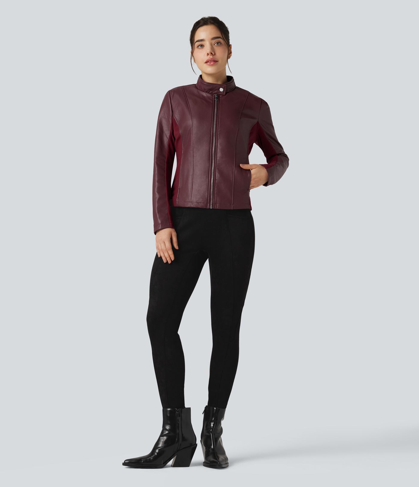 Stand Collar Zipper Long Sleeve Fleece Casual PU Faux Leather Jacket with Pockets