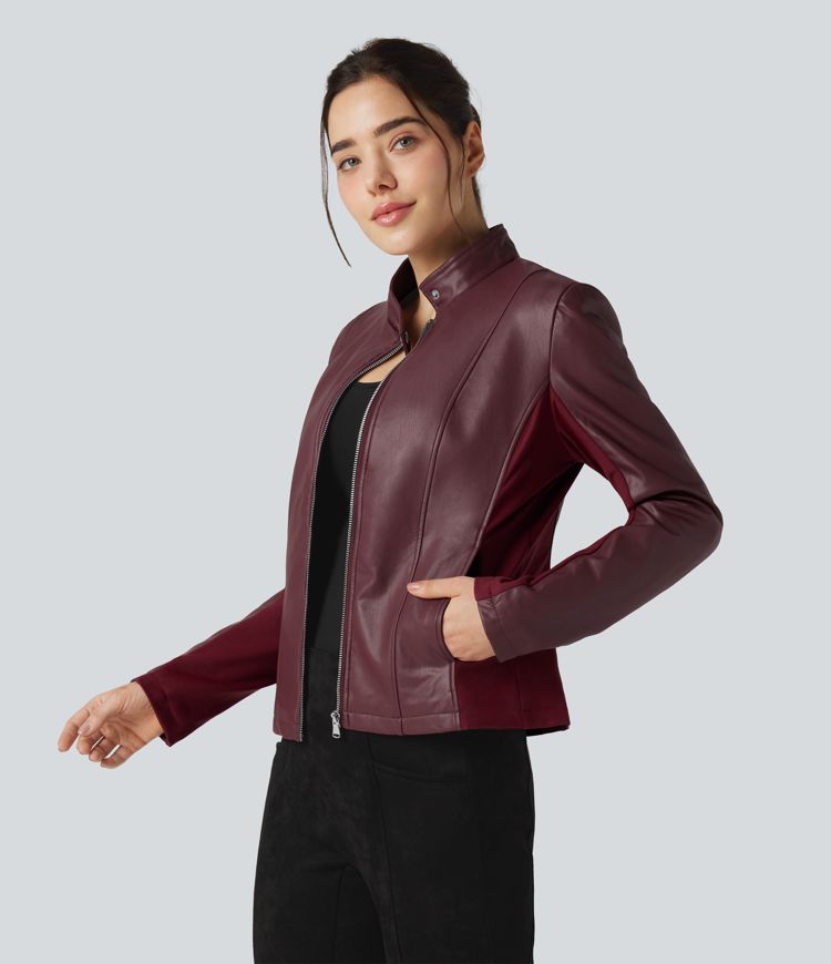 Stand Collar Zipper Long Sleeve Fleece Casual PU Faux Leather Jacket with Pockets