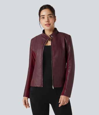 Stand Collar Zipper Long Sleeve Fleece Casual PU Faux Leather Jacket with Pockets Stand Collar Zipper Long Sleeve Fleece Casual PU Faux Leather Jacket with Pockets