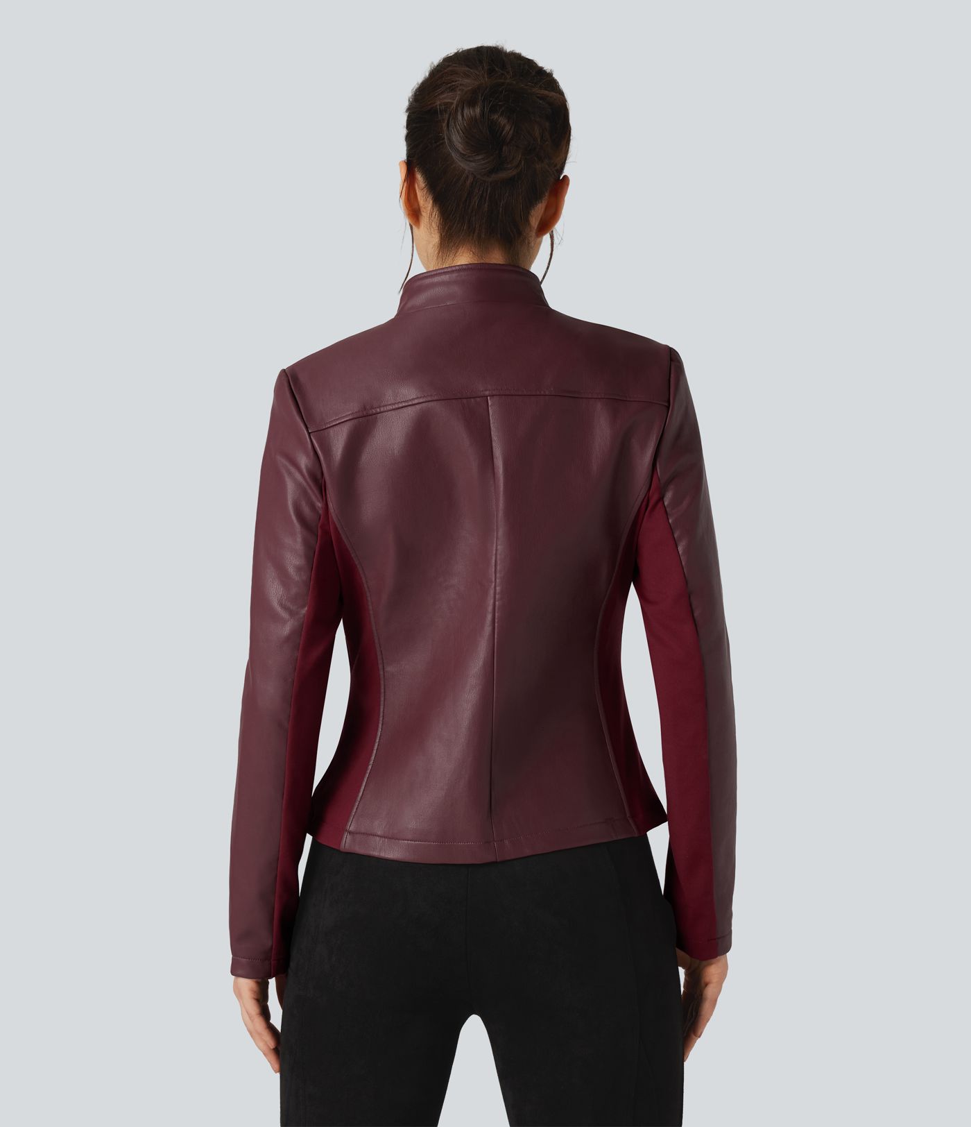 Stand Collar Zipper Long Sleeve Fleece Casual PU Faux Leather Jacket with Pockets