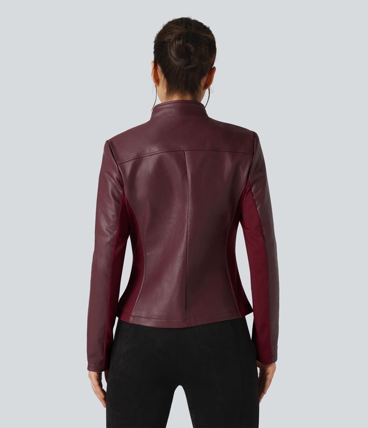 Stand Collar Zipper Long Sleeve Fleece Casual PU Faux Leather Jacket with Pockets