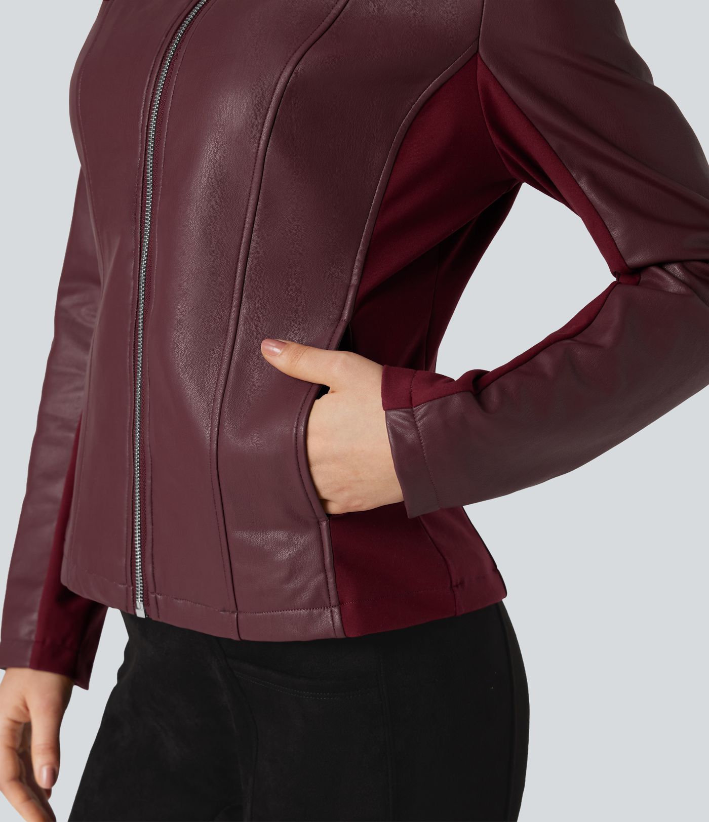 Stand Collar Zipper Long Sleeve Fleece Casual PU Faux Leather Jacket with Pockets