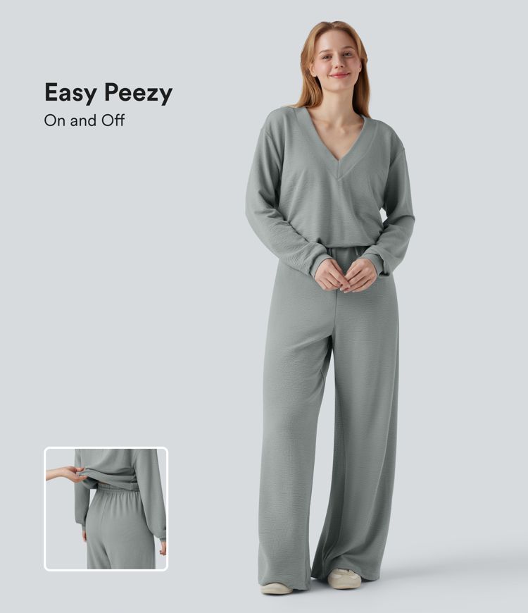 V-neck Long Sleeve Drawstring Casual Jumpsuit with Pockets-Easy Peezy