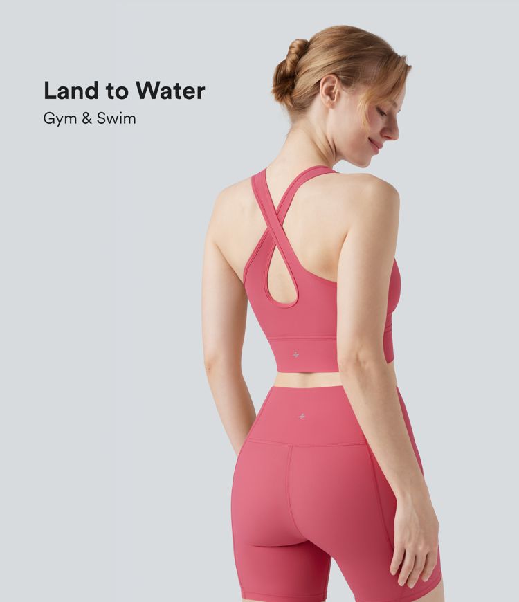 Land to Water Crisscross Back Built-in Bra Cropped Tankini Top Swimsuit