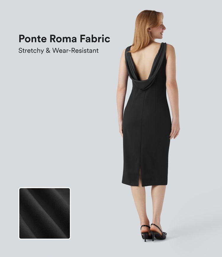 Wear-Resistant Cowl Back Sleeveless Split Midi Ponte Roma Work Dress