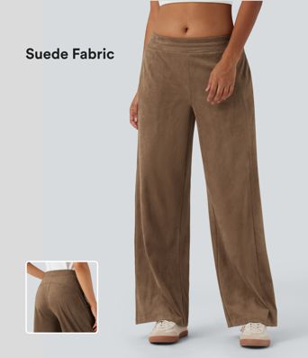 Lässige Baggy-Hose aus Wildleder mit mittlerem Bund und Seitentaschen Lässige Baggy-Hose aus Wildleder mit mittlerem Bund und Seitentaschen