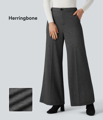 High Waisted Wide Leg Herringbone Suit Work Pants with Pockets