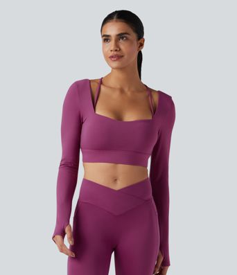SoftlyZero™ Plush Square Neck Long Sleeve Thumb Holes Backless Adjustable Buckle Cropped Yoga Sports Top