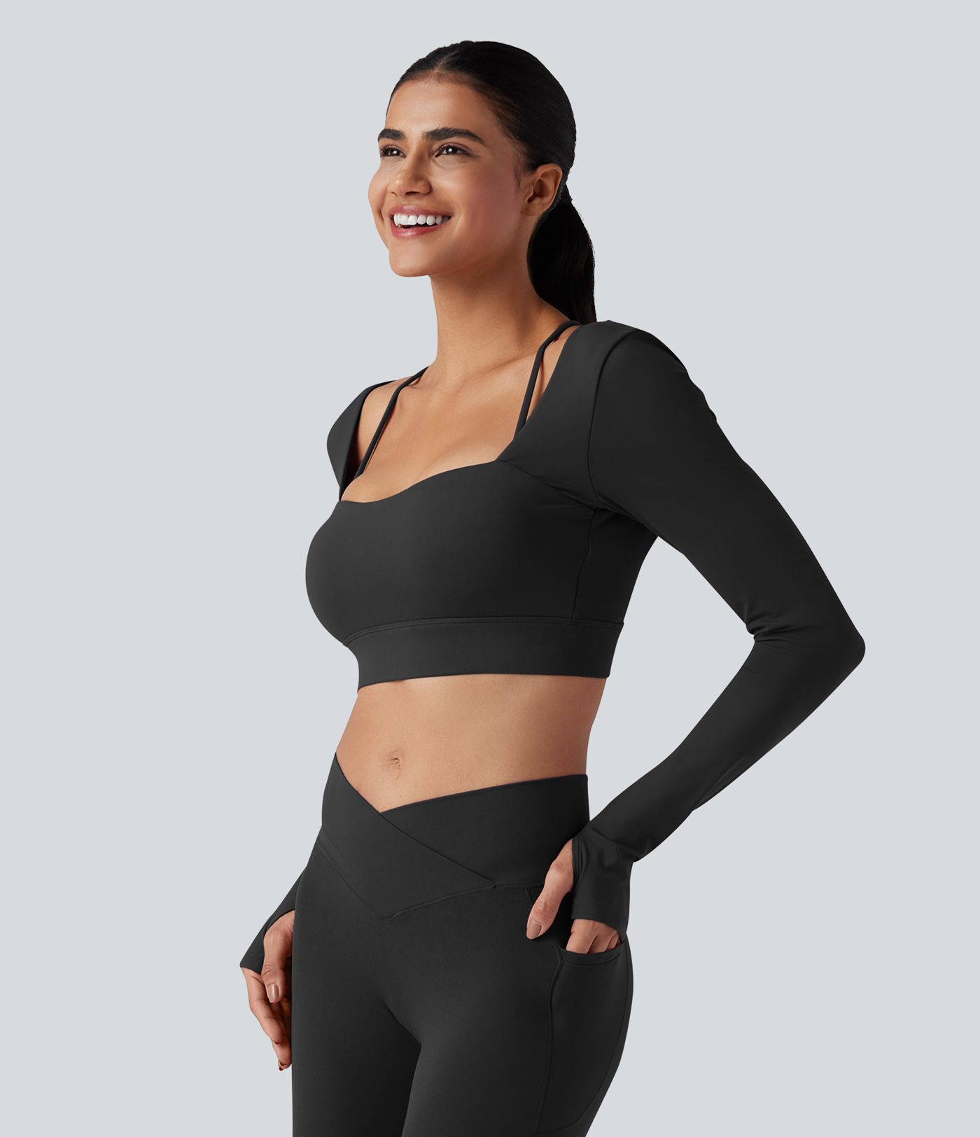 SoftlyZero™ Plush Square Neck Long Sleeve Thumb Holes Backless Adjustable Buckle Cropped Yoga Sports Top
