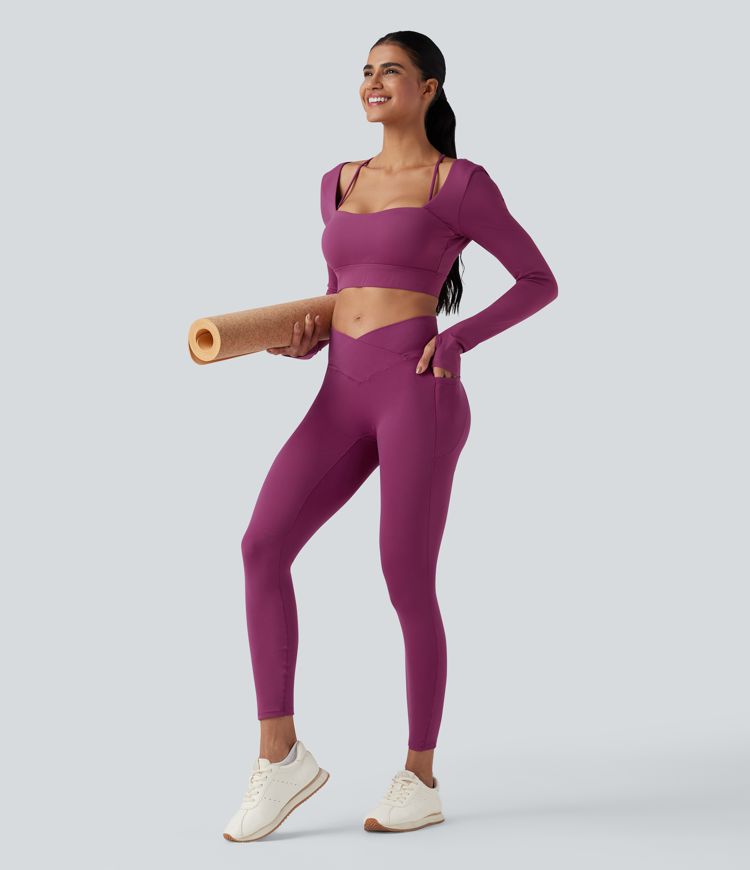 SoftlyZero™ Plush Square Neck Long Sleeve Thumb Holes Backless Adjustable Buckle Cropped Yoga Sports Top