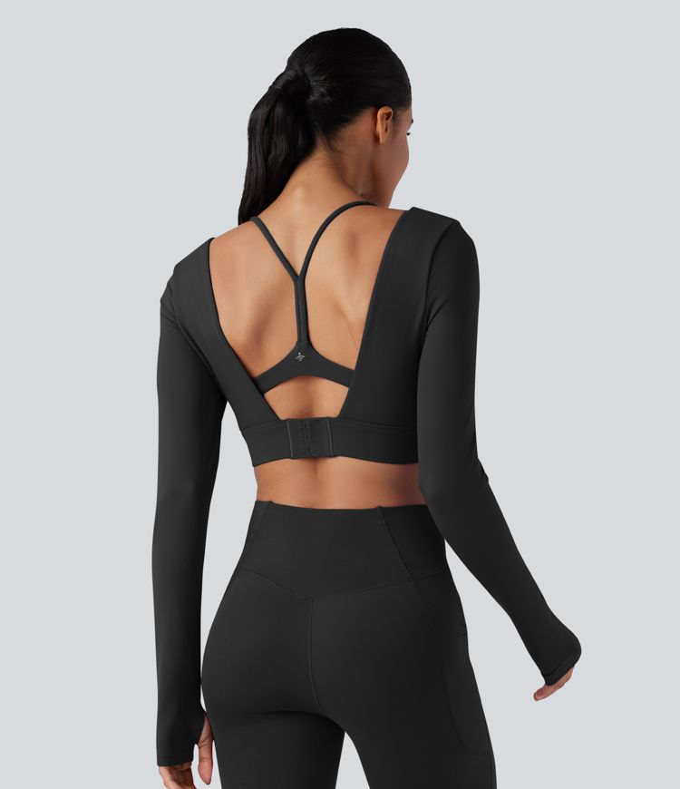 SoftlyZero™ Plush Square Neck Long Sleeve Thumb Holes Backless Adjustable Buckle Cropped Yoga Sports Top