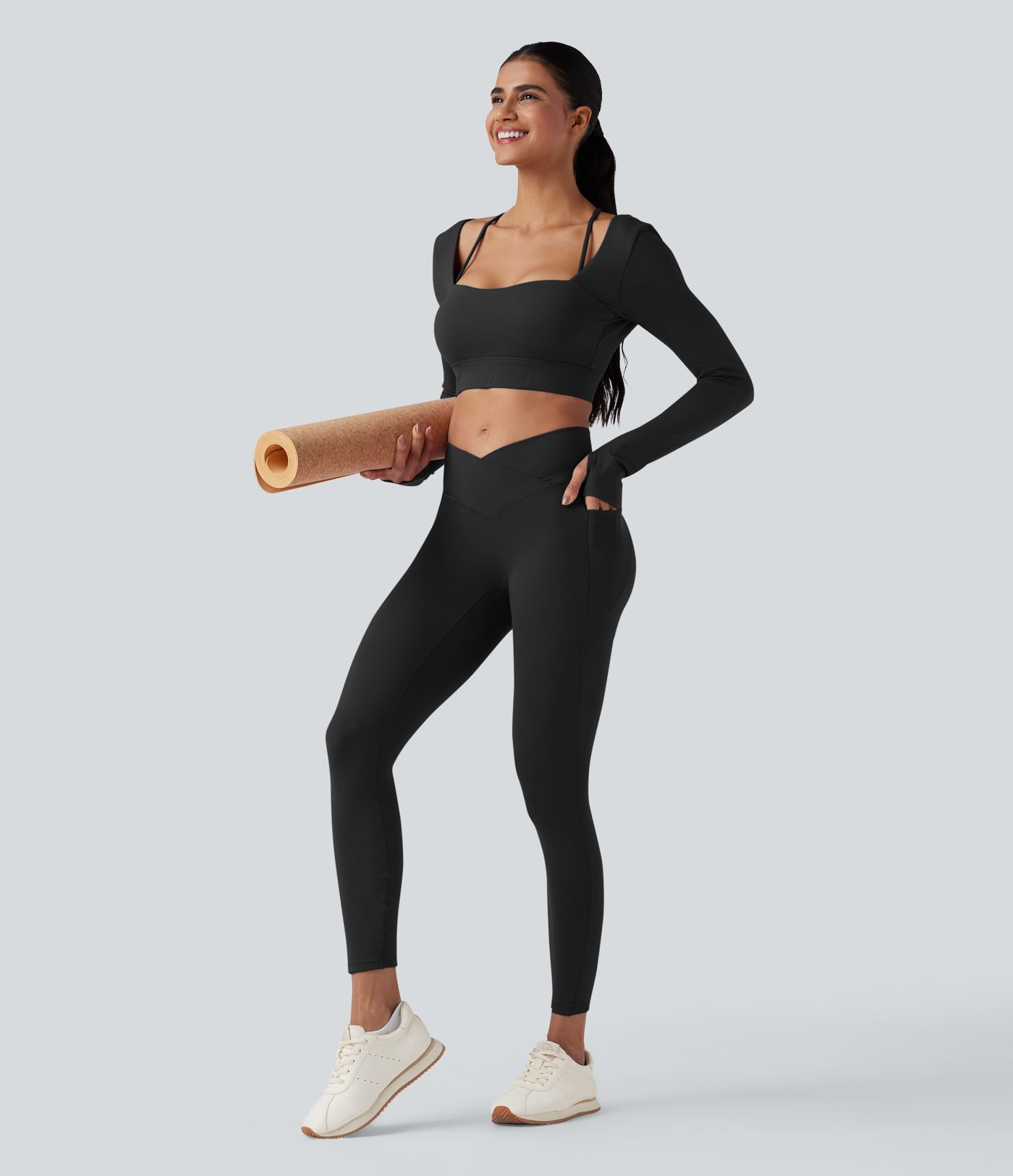 SoftlyZero™ Plush Square Neck Long Sleeve Thumb Holes Backless Adjustable Buckle Cropped Yoga Sports Top