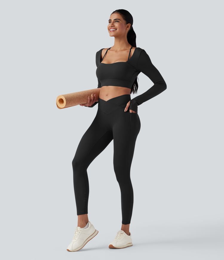 SoftlyZero™ Plush Square Neck Long Sleeve Thumb Holes Backless Adjustable Buckle Cropped Yoga Sports Top