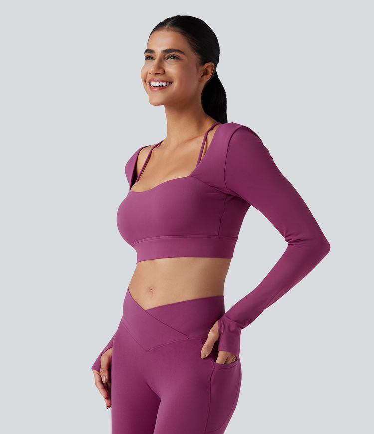 SoftlyZero™ Plush Square Neck Long Sleeve Thumb Holes Backless Adjustable Buckle Cropped Yoga Sports Top