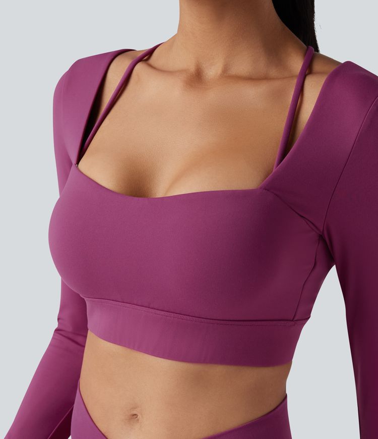 SoftlyZero™ Plush Square Neck Long Sleeve Thumb Holes Backless Adjustable Buckle Cropped Yoga Sports Top