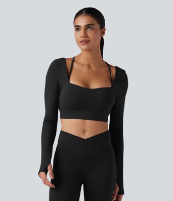 SoftlyZero™ Plush Square Neck Long Sleeve Thumb Holes Backless Adjustable Buckle Cropped Yoga Sports Top