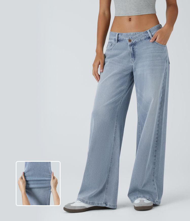 Halara Flex™ Asymmetric Low Rise Zipper Pockets Baggy Wide Leg Washed Casual Jeans