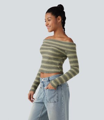 Foldover Off Shoulder Long Sleeve Waffle Gradient Stripe Casual Top