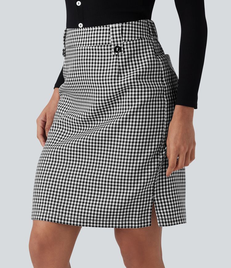 Mid Rise Zip Split Plaid Work Straight Skirt with Pockets