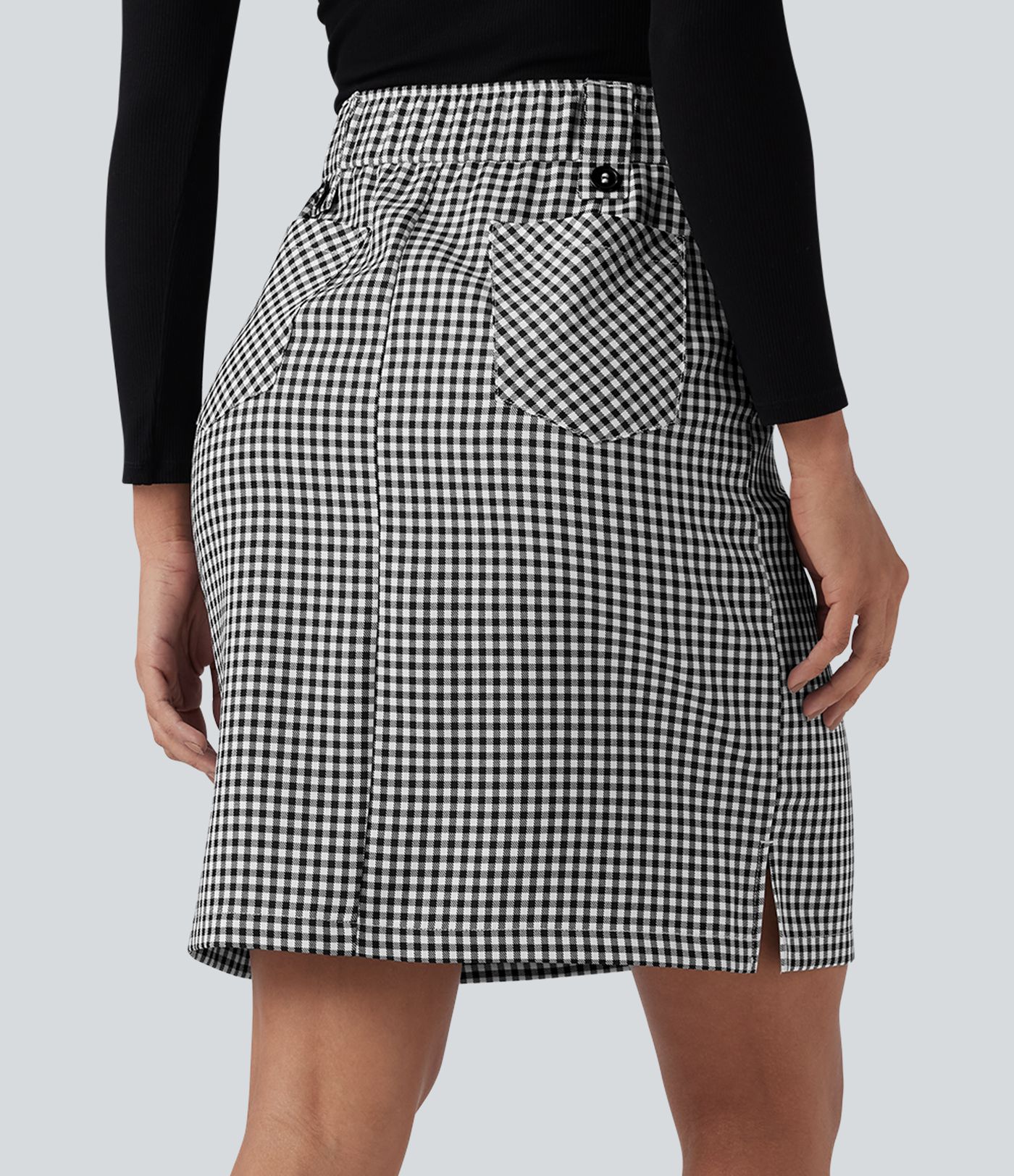 Mid Rise Zip Split Plaid Work Straight Skirt with Pockets