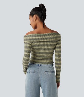 Foldover Off Shoulder Long Sleeve Waffle Gradient Stripe Casual Top