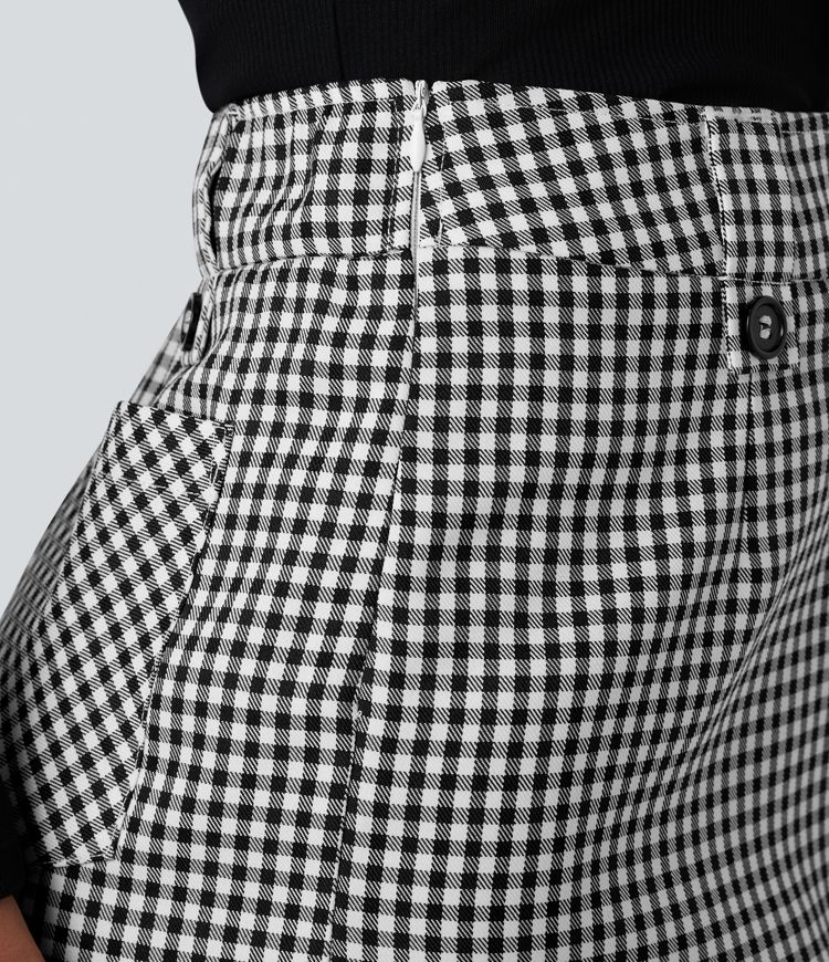 Mid Rise Zip Split Plaid Work Straight Skirt with Pockets