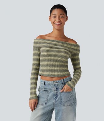 Foldover Off Shoulder Long Sleeve Waffle Gradient Stripe Casual Top