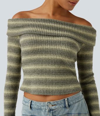 Foldover Off Shoulder Long Sleeve Waffle Gradient Stripe Casual Top