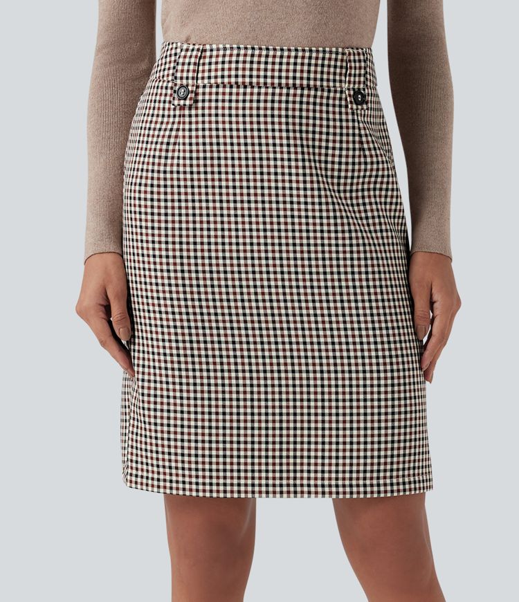 Mid Rise Zip Split Plaid Work Straight Skirt with Pockets