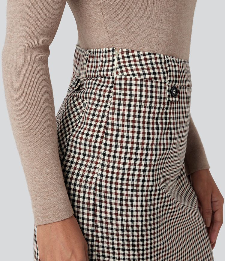 Mid Rise Zip Split Plaid Work Straight Skirt with Pockets