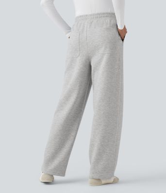 High Waisted Drawstring Cinchable Hem Casual Wide Leg Pants with Pockets