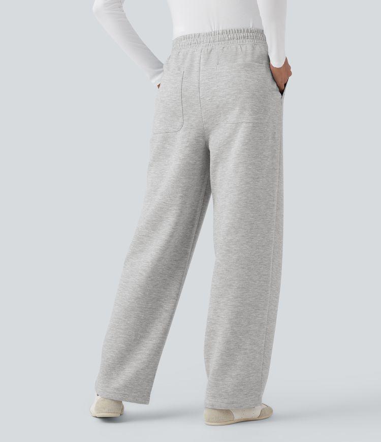 High Waisted Drawstring Cinchable Hem Casual Wide Leg Pants with Pockets