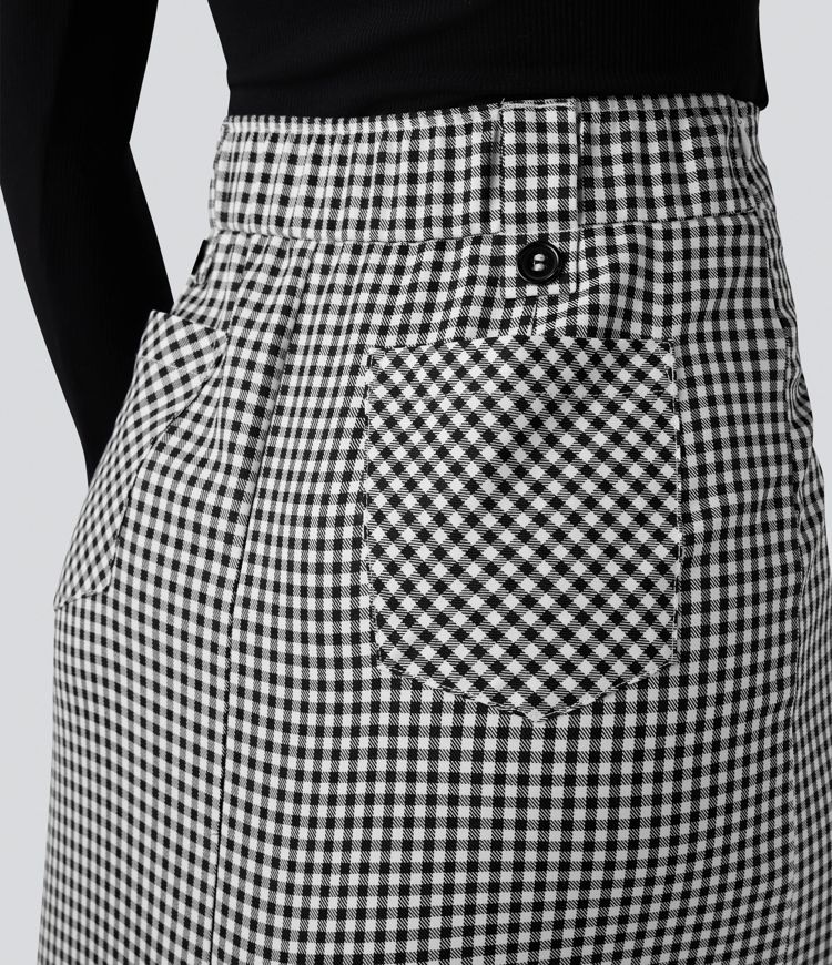 Mid Rise Zip Split Plaid Work Straight Skirt with Pockets