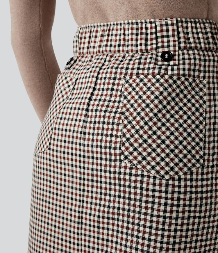Mid Rise Zip Split Plaid Work Straight Skirt with Pockets