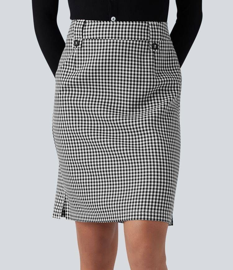 Mid Rise Zip Split Plaid Work Straight Skirt with Pockets