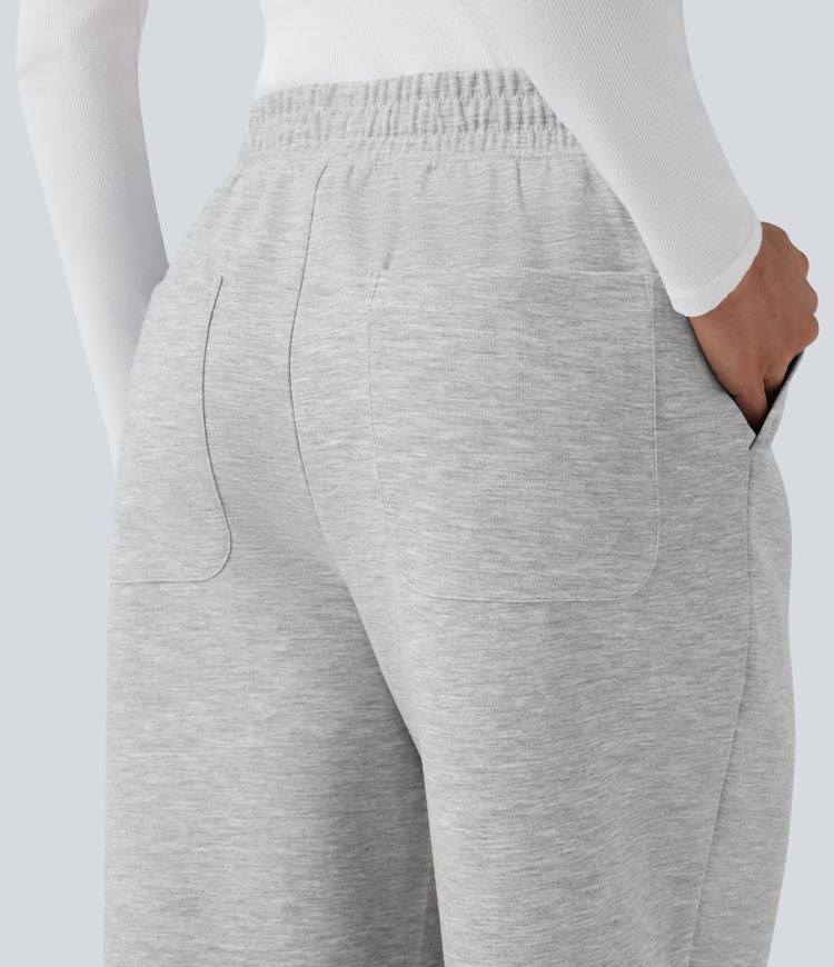 High Waisted Drawstring Cinchable Hem Casual Wide Leg Pants with Pockets