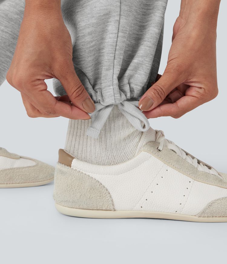 High Waisted Drawstring Cinchable Hem Casual Wide Leg Pants with Pockets